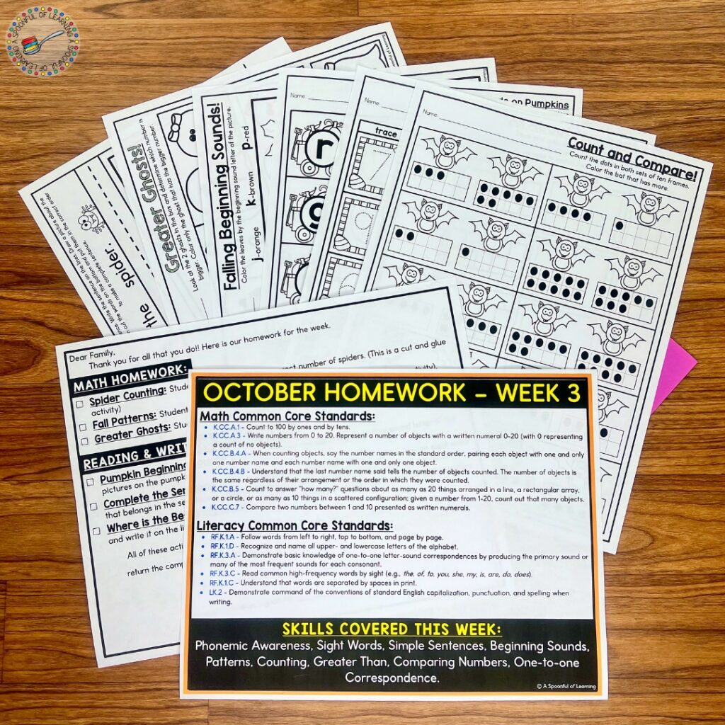 A variety of printable kindergarten homework for October