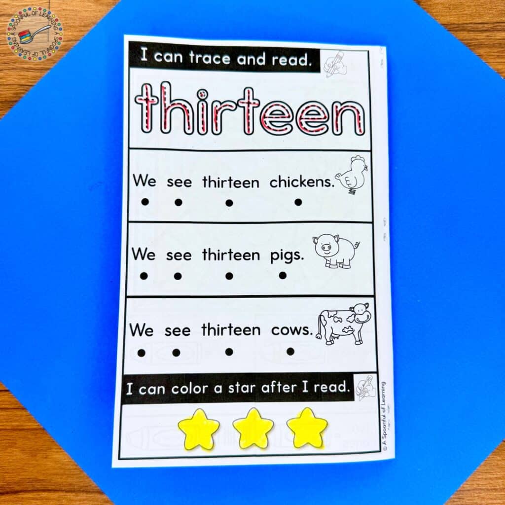 Teen number word practice on the back of a printable booklet