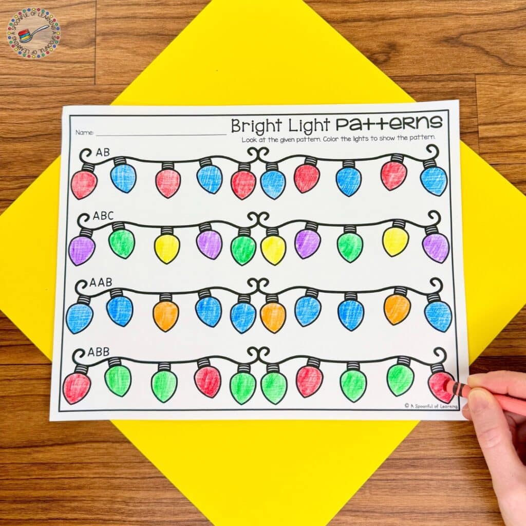 Coloring Christmas lights on a worksheet