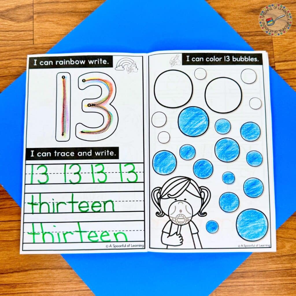 Bubbles colored blue on a counting practice page of a teen number book