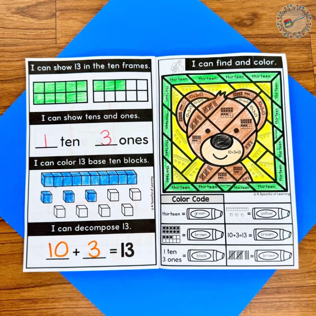 A color-by-code picture of a bear and number sense practice