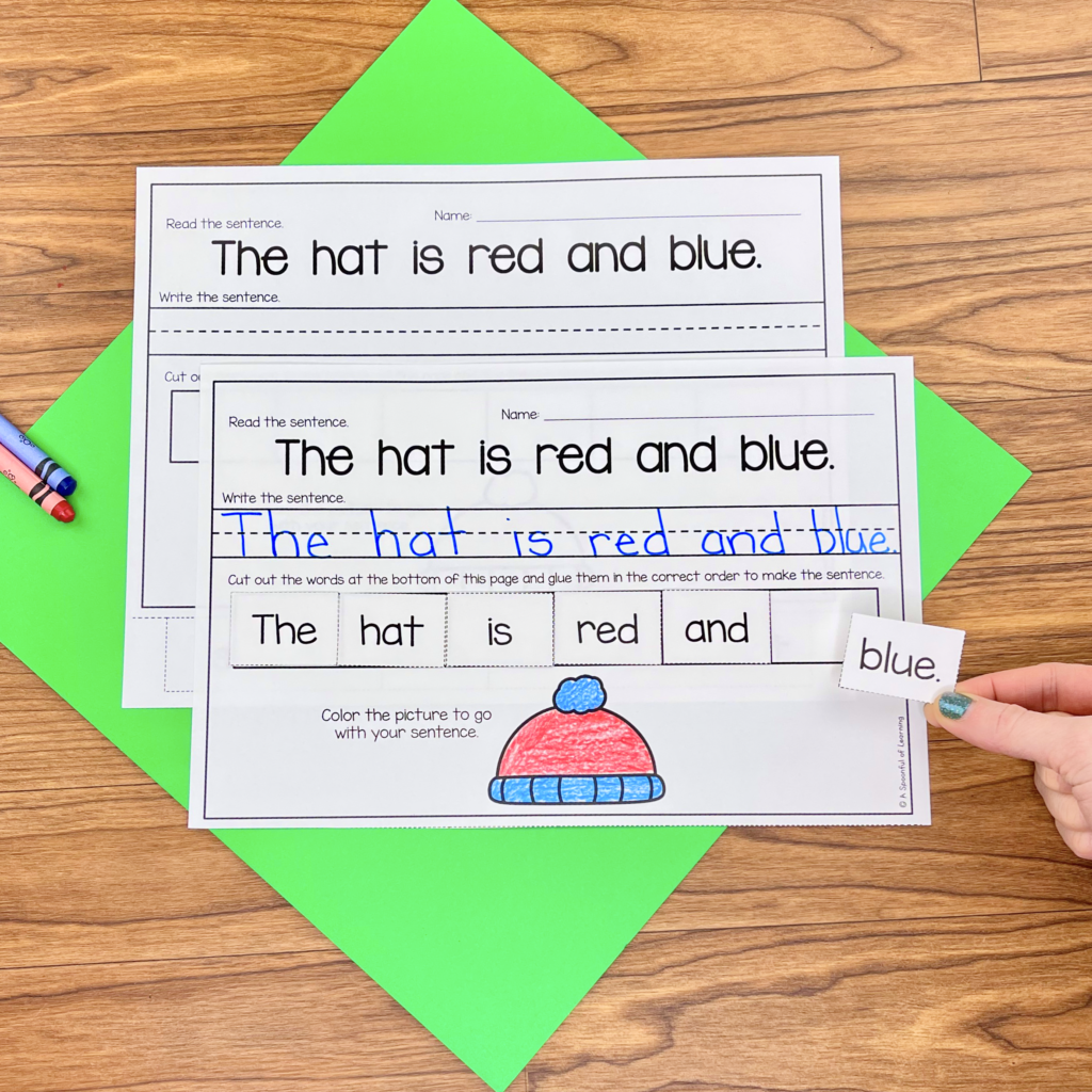 A sentence scramble activity with a red and blue winter hat
