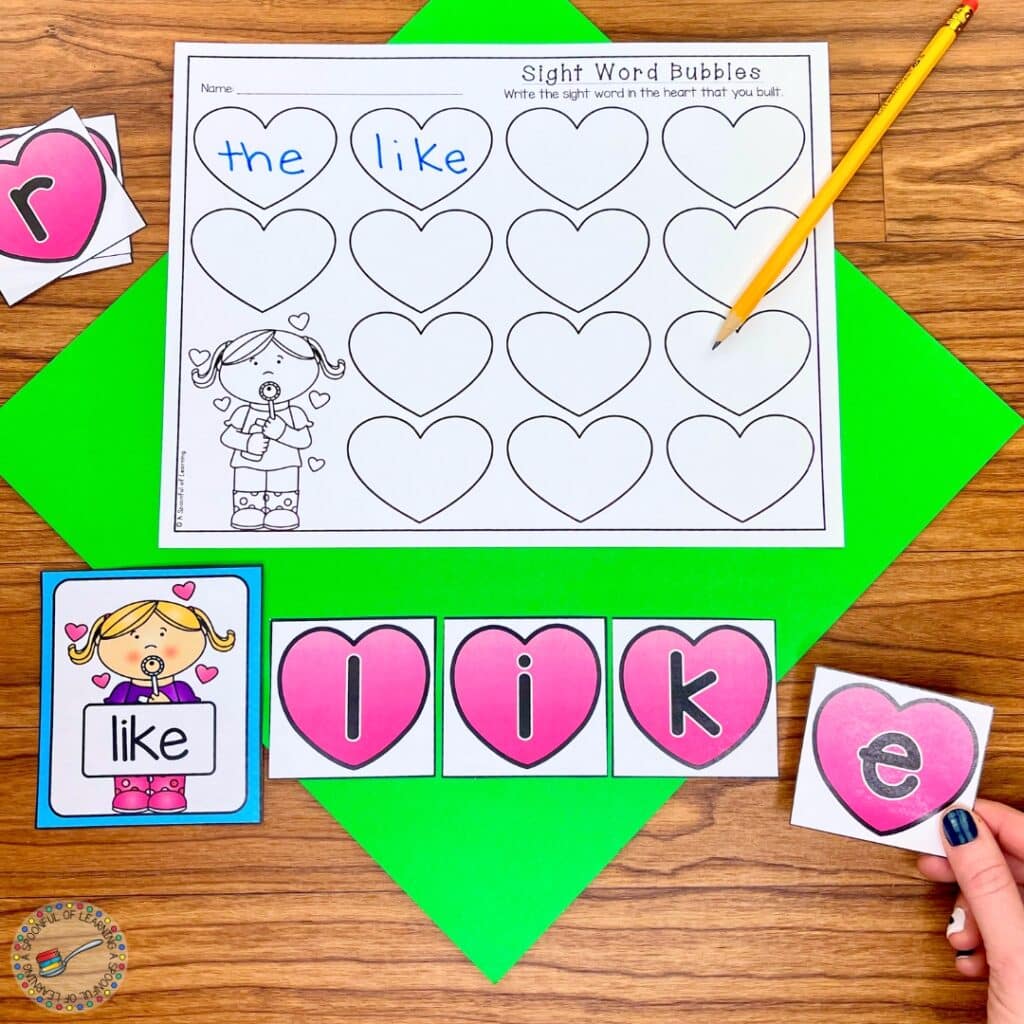 Building sight words with heart letter cards