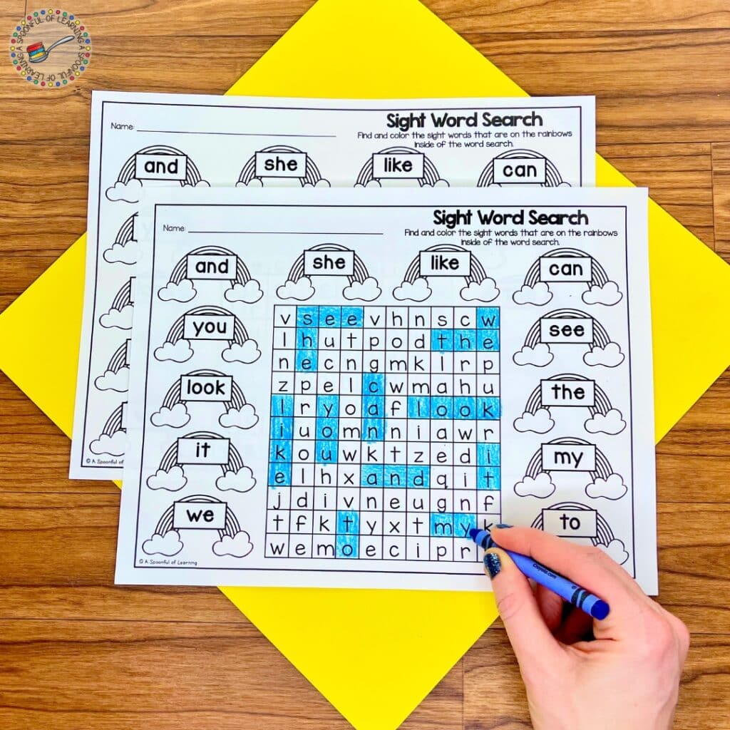 A sight word activity with a word search