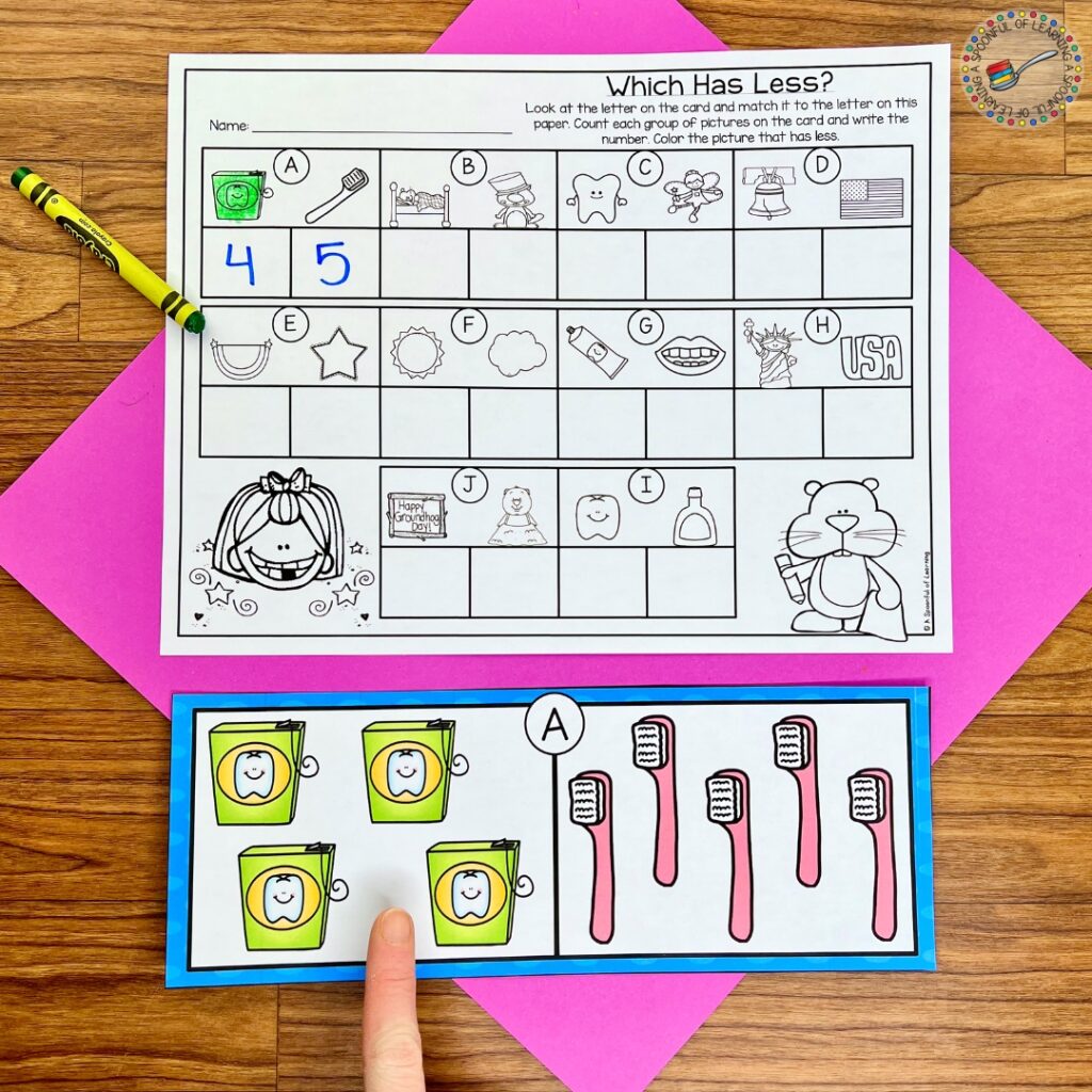 Dental health themed task cards for number comparison practice