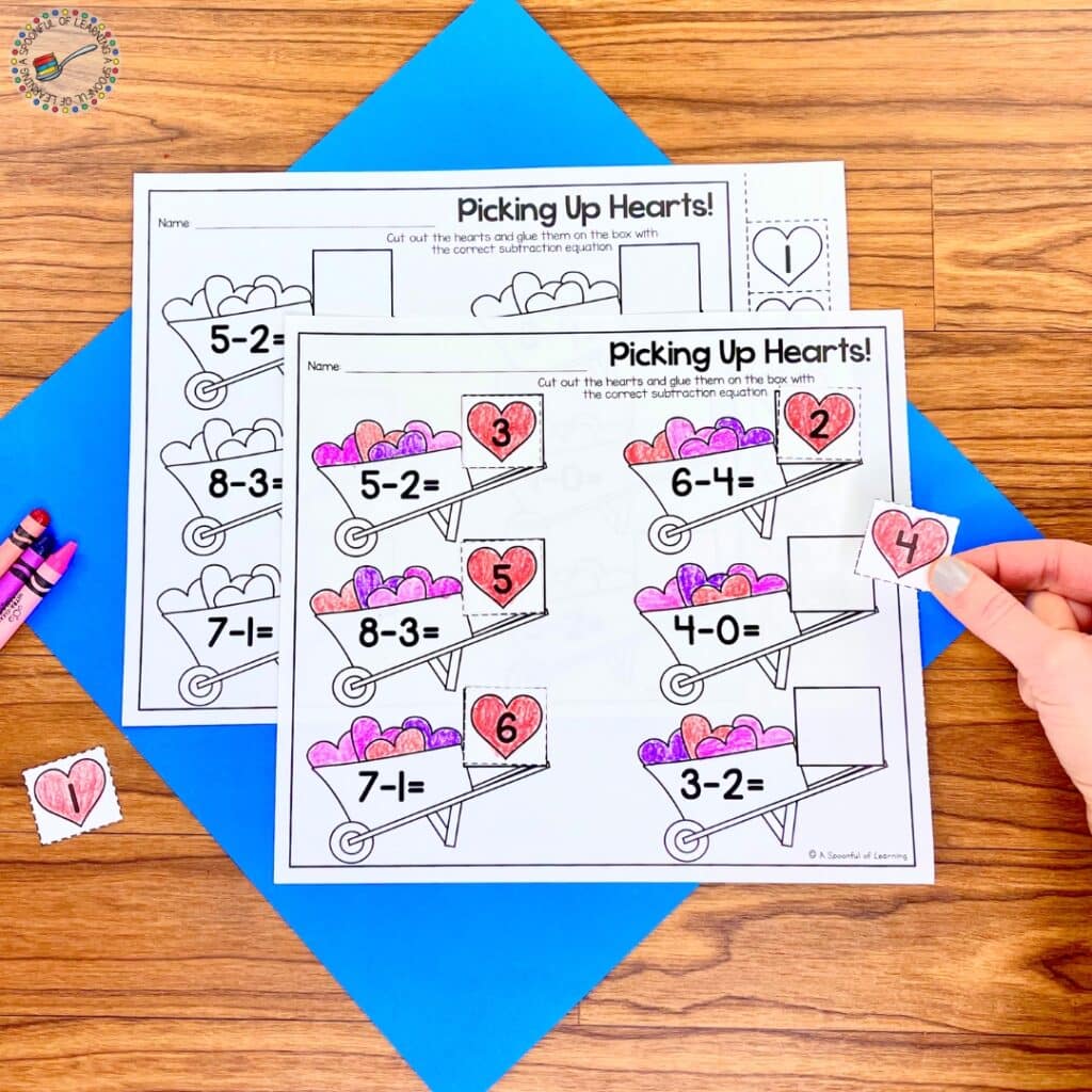 A heart-themed subtraction activity