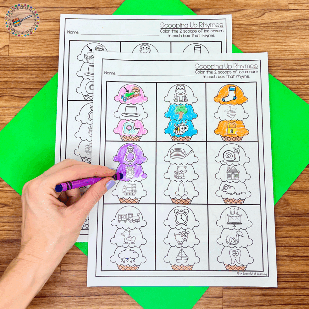 Ice cream homework activity for rhyming practice