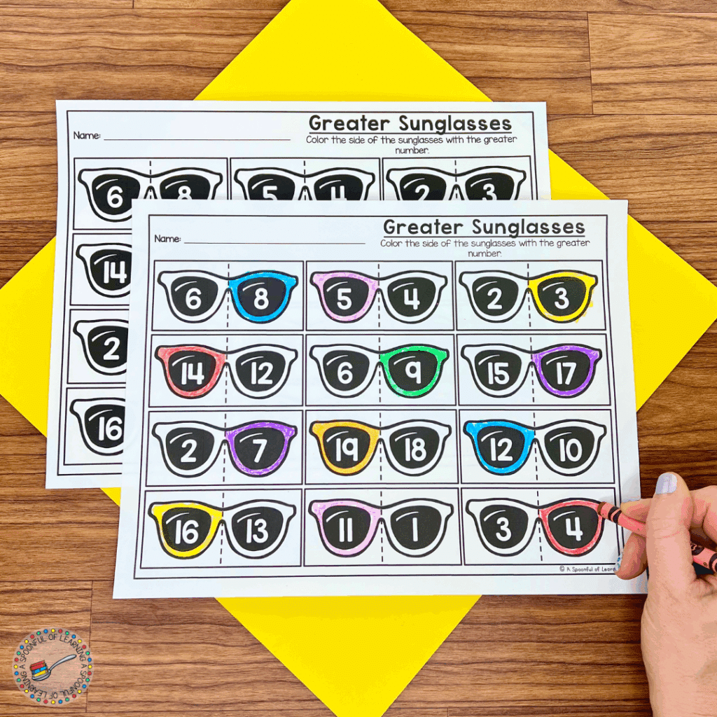 Number comparison activity with a sunglasses theme