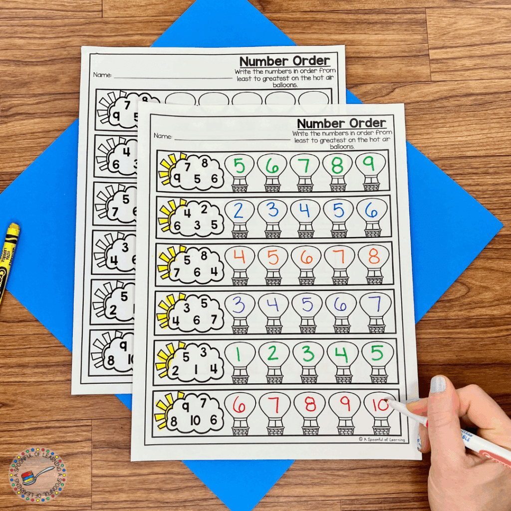 Putting numbers in numerical order on a weather-themed worksheet