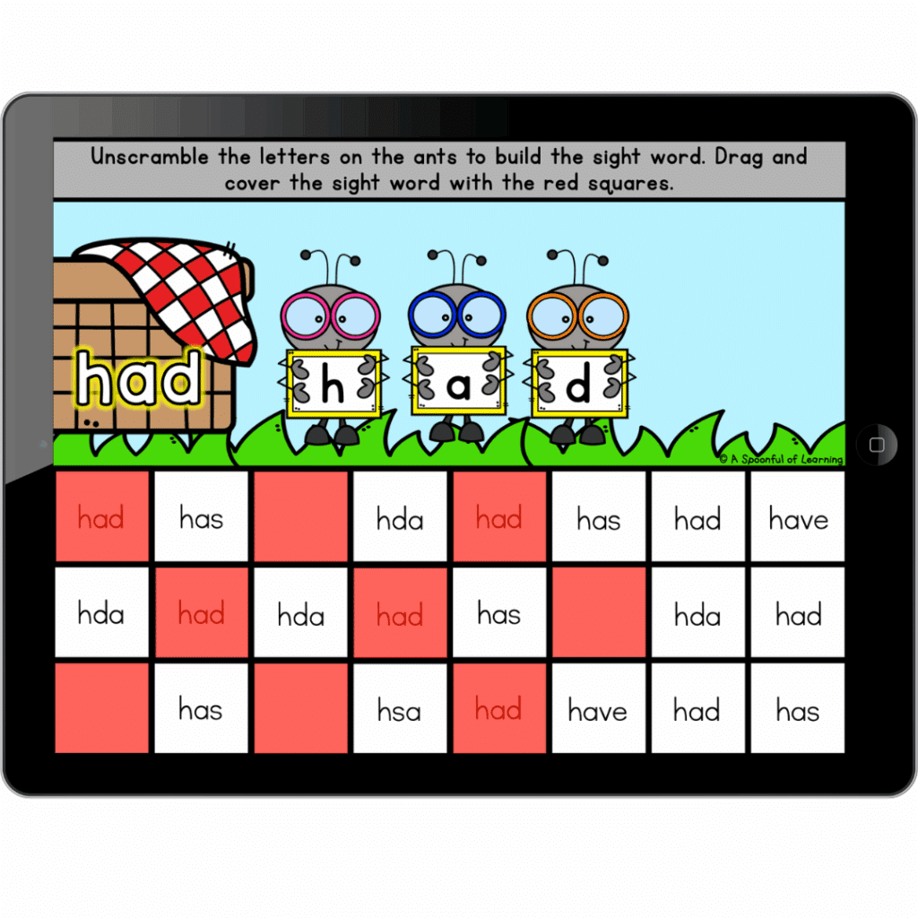 A picnic-themed digital activity on an iPad