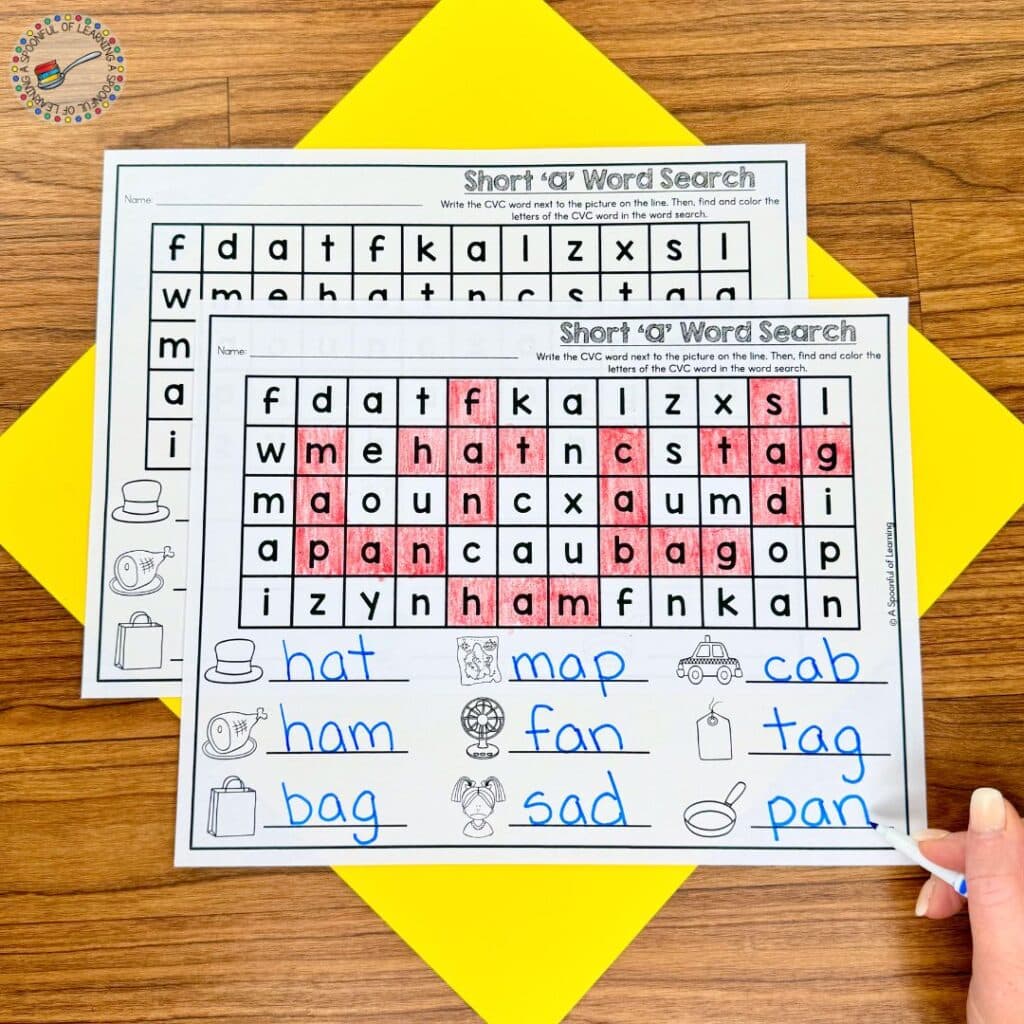 A word search activity for short vowel CVC words