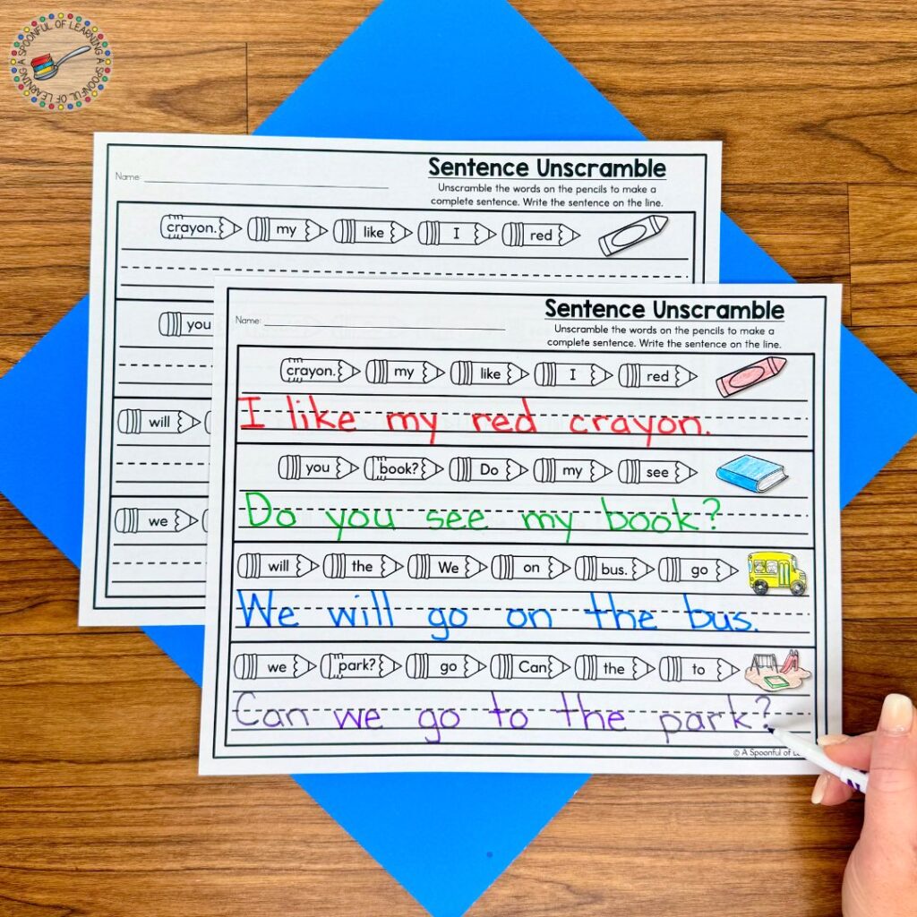 A school-themed sentence unscramble worksheet