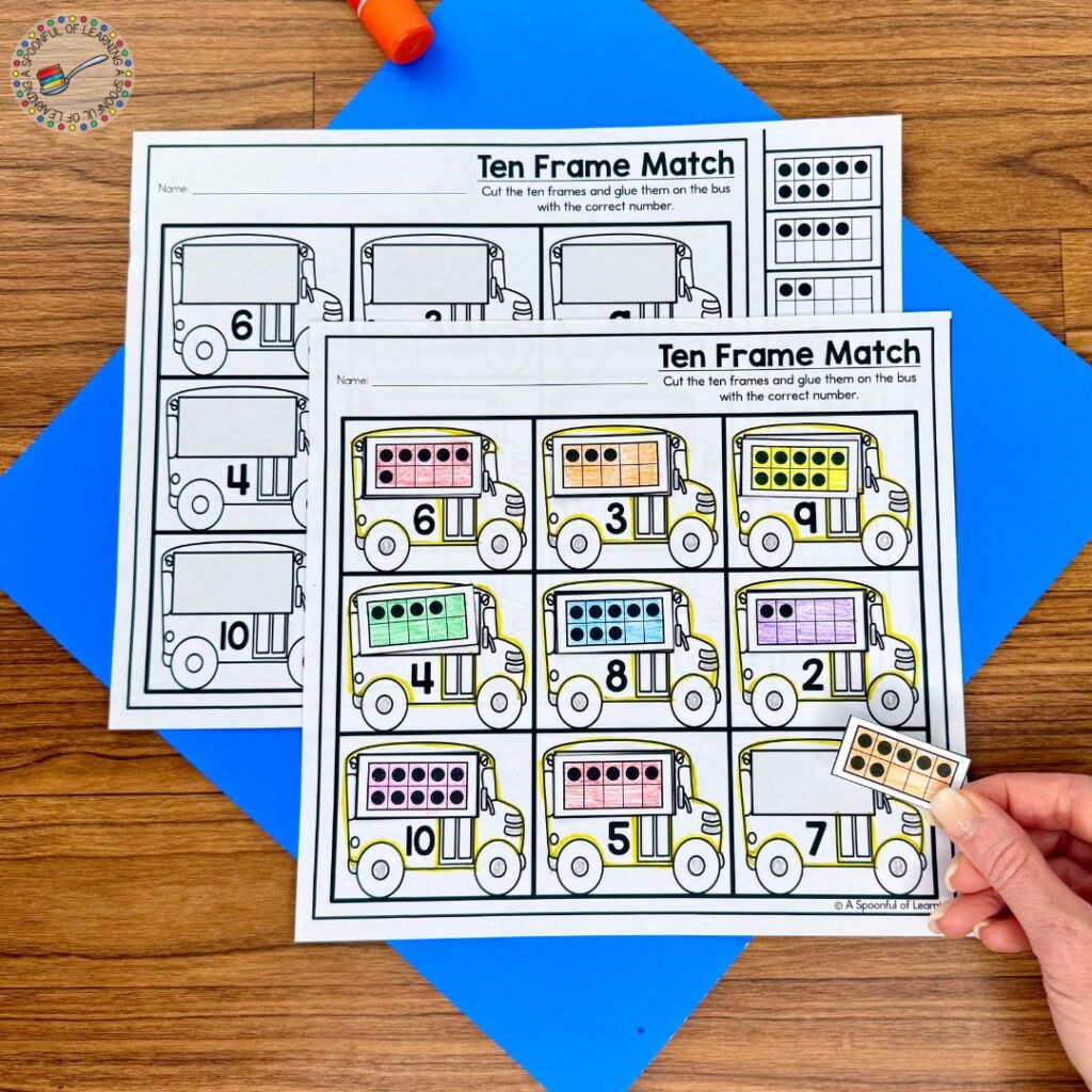 A school bus themed homework printable for ten frame counting