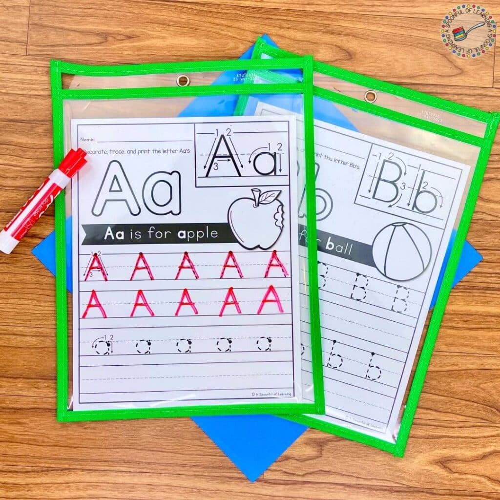 Trace and write worksheets in page protectors with dry erase marker