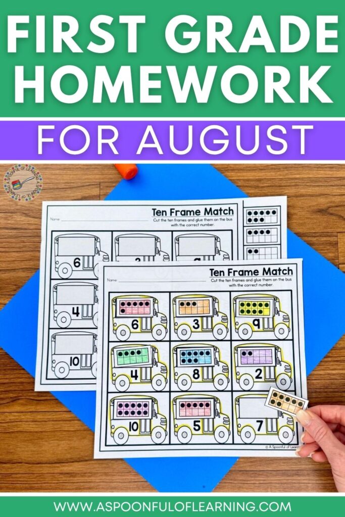 First grade homework for August - pinnable graphic
