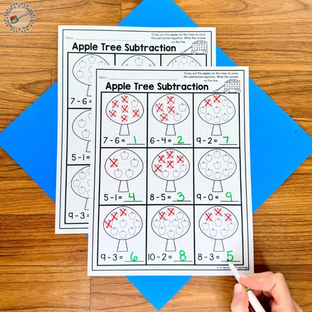 An apple-themed worksheet for subtraction practice