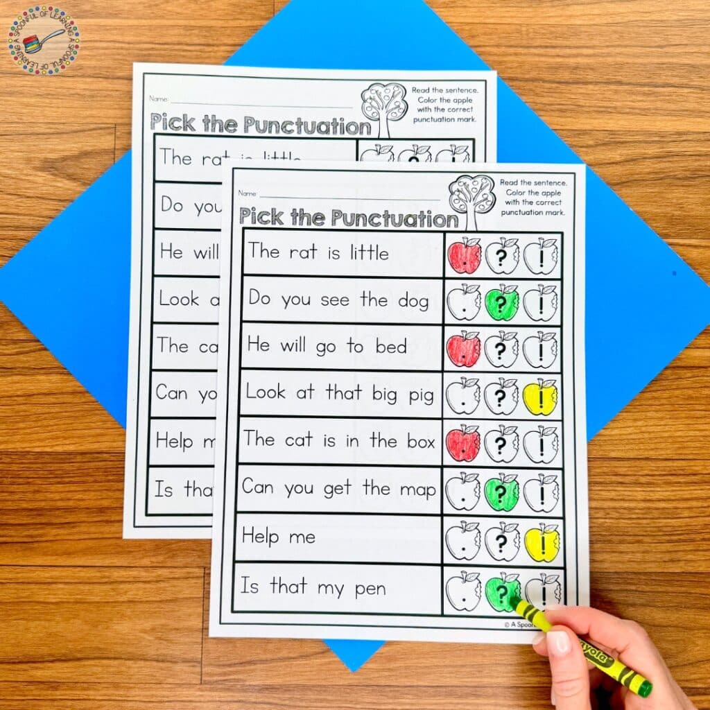 An apple-themed sentence punctuation worksheet