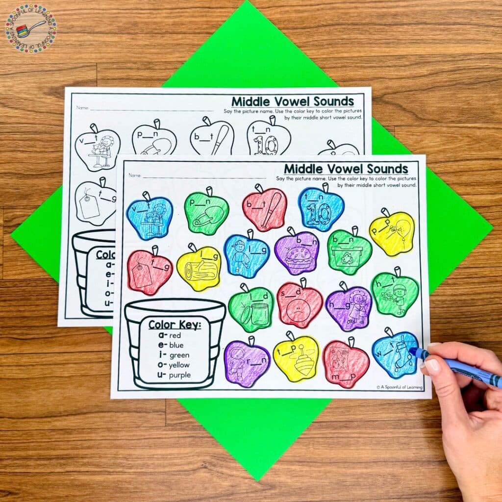 A completed apple-themed color by code activity