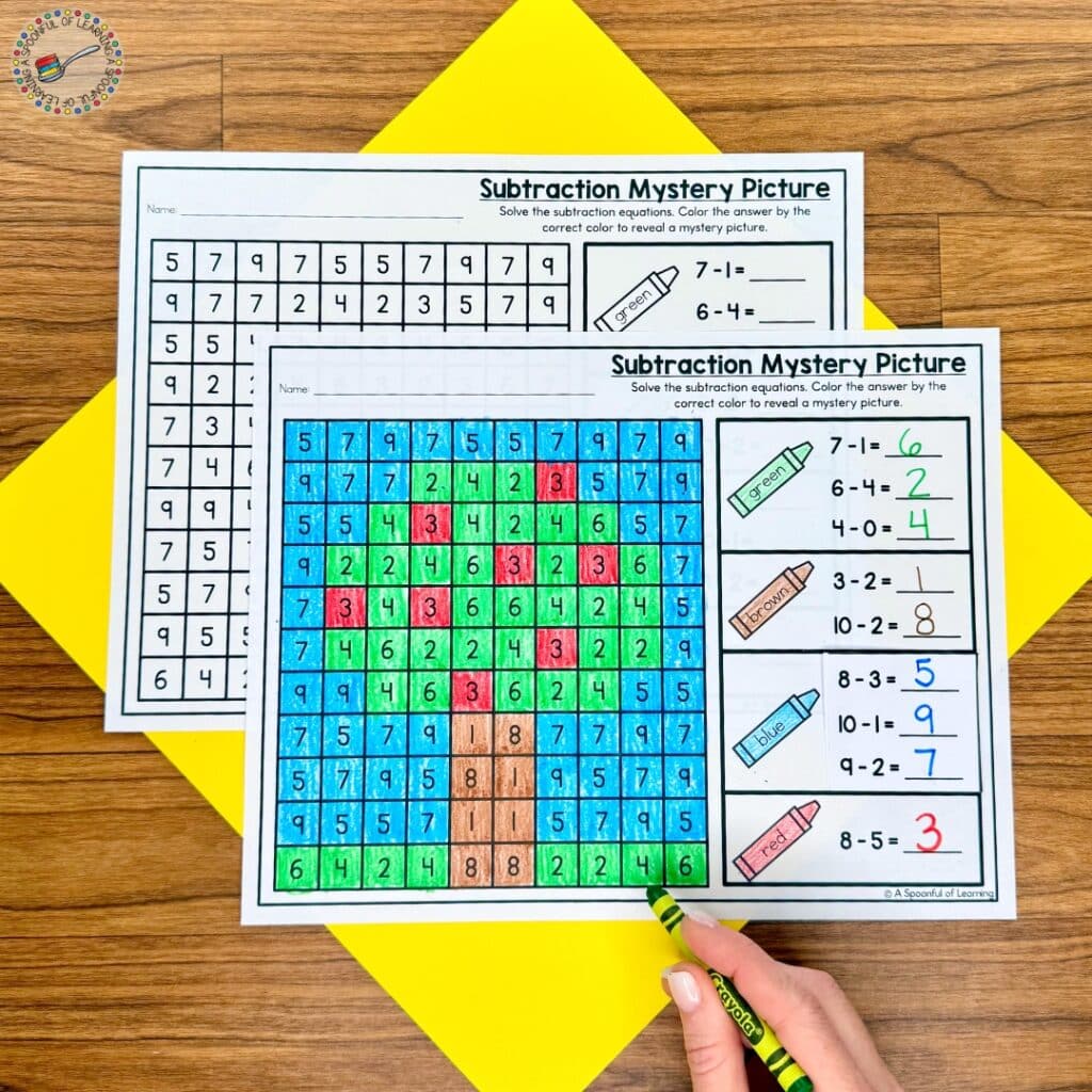 An apple tree mystery picture for a color by code activity