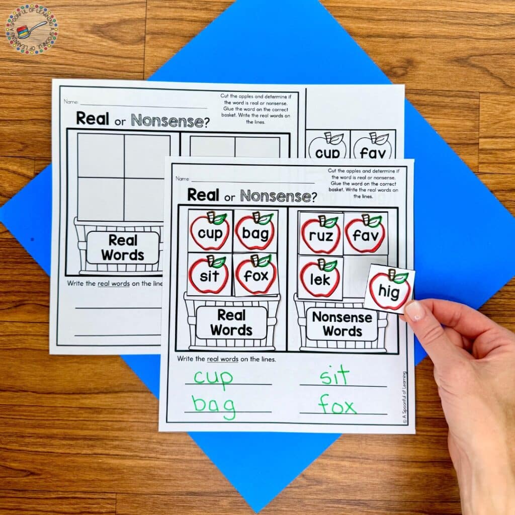 A real word and nonsense word sort with an apple theme