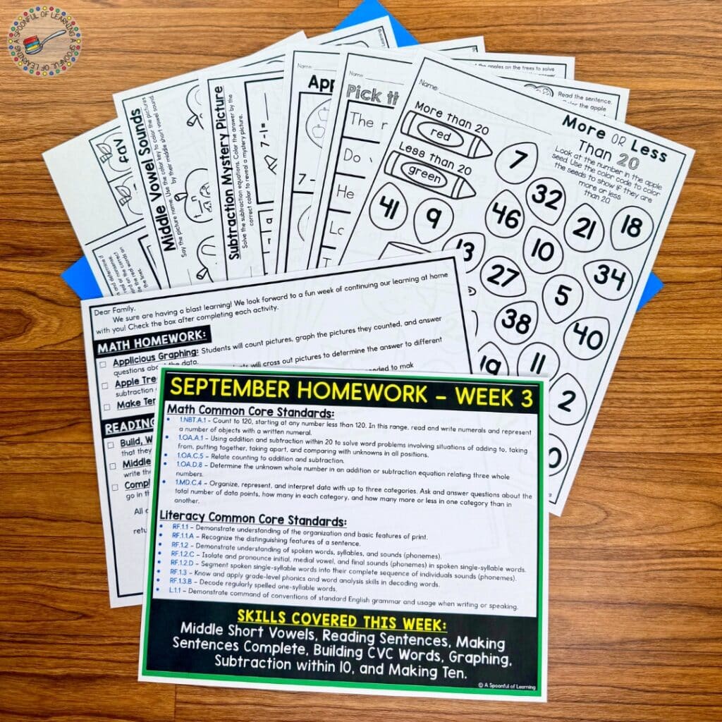 A variety of printable homework activities for first grade