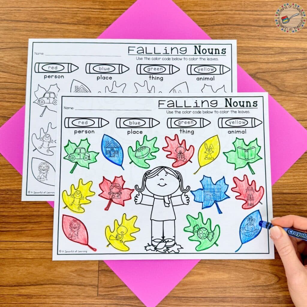 A leaf-themed noun practice worksheet