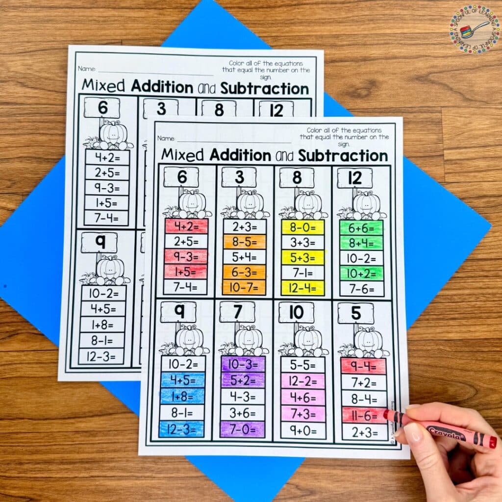 A pumpkin-themed addition and subtraction activity