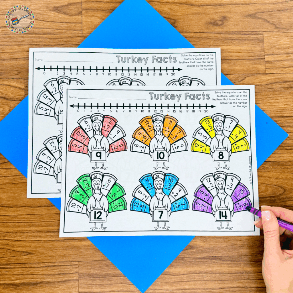 Coloring turkey feathers with math facts