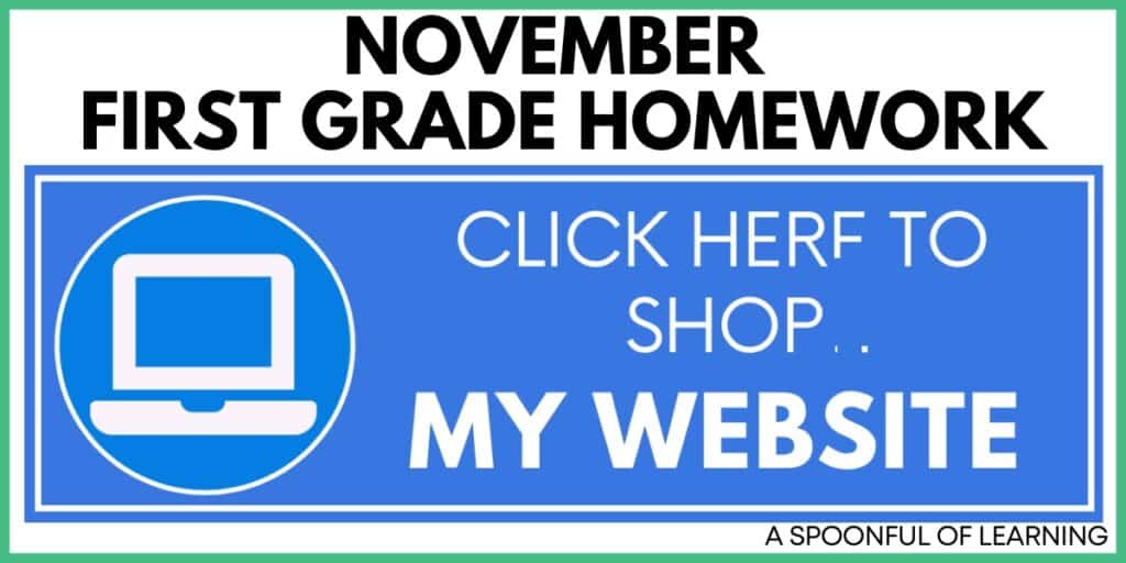 November First Grade Homework - Click Here to Shop My Website