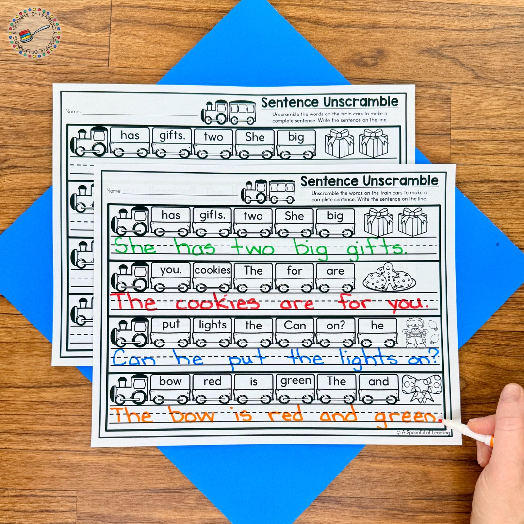 A train themed sentence scramble worksheet