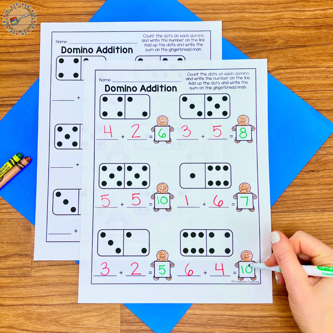 A gingerbread-themed domino addition activity