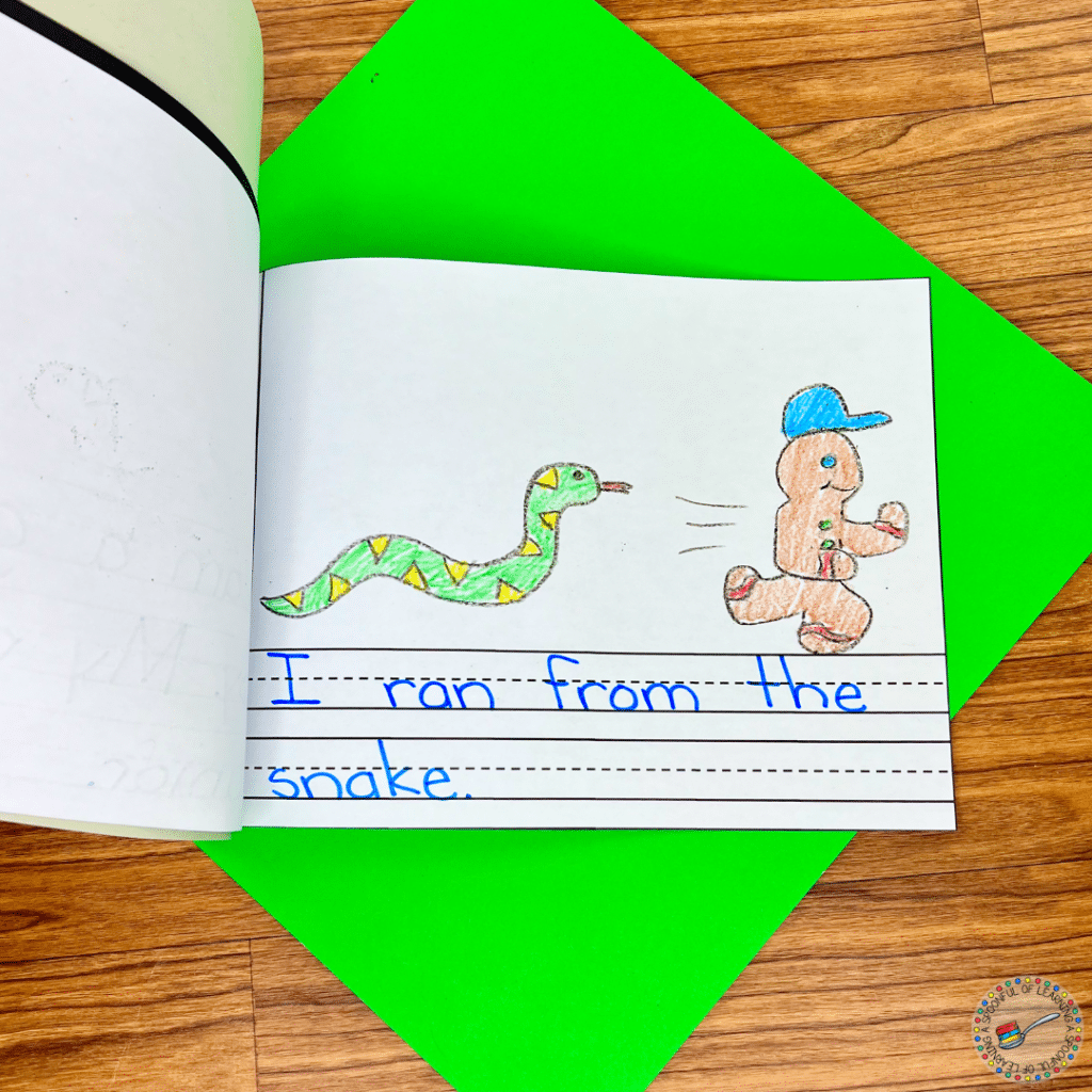 An illustrated page from a gingerbread creative writing - I ran from the snake