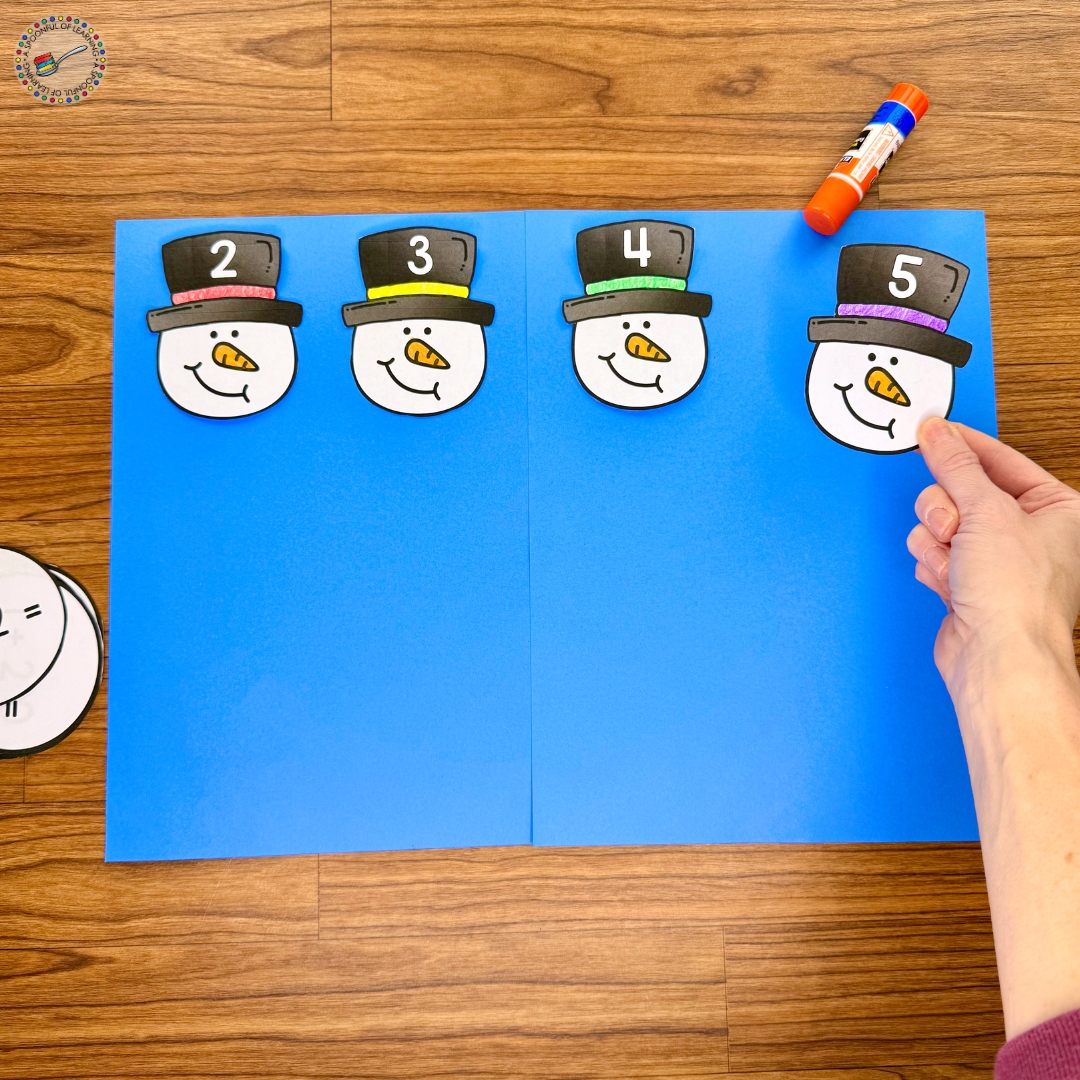 Attaching snowman headers to a piece of blue construction paper