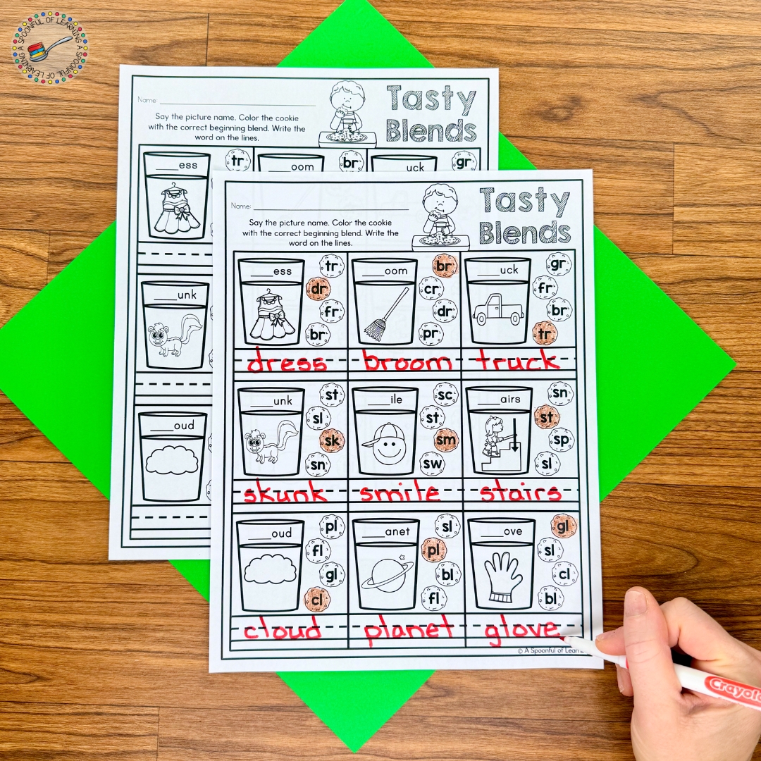 A consonant blends activity with a cookies and milk theme