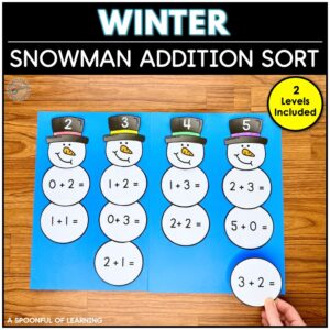 Snowman addition sort winter math activity with students solving and sorting addition equations.