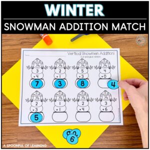 Winter snowman addition match activity for practicing vertical addition.